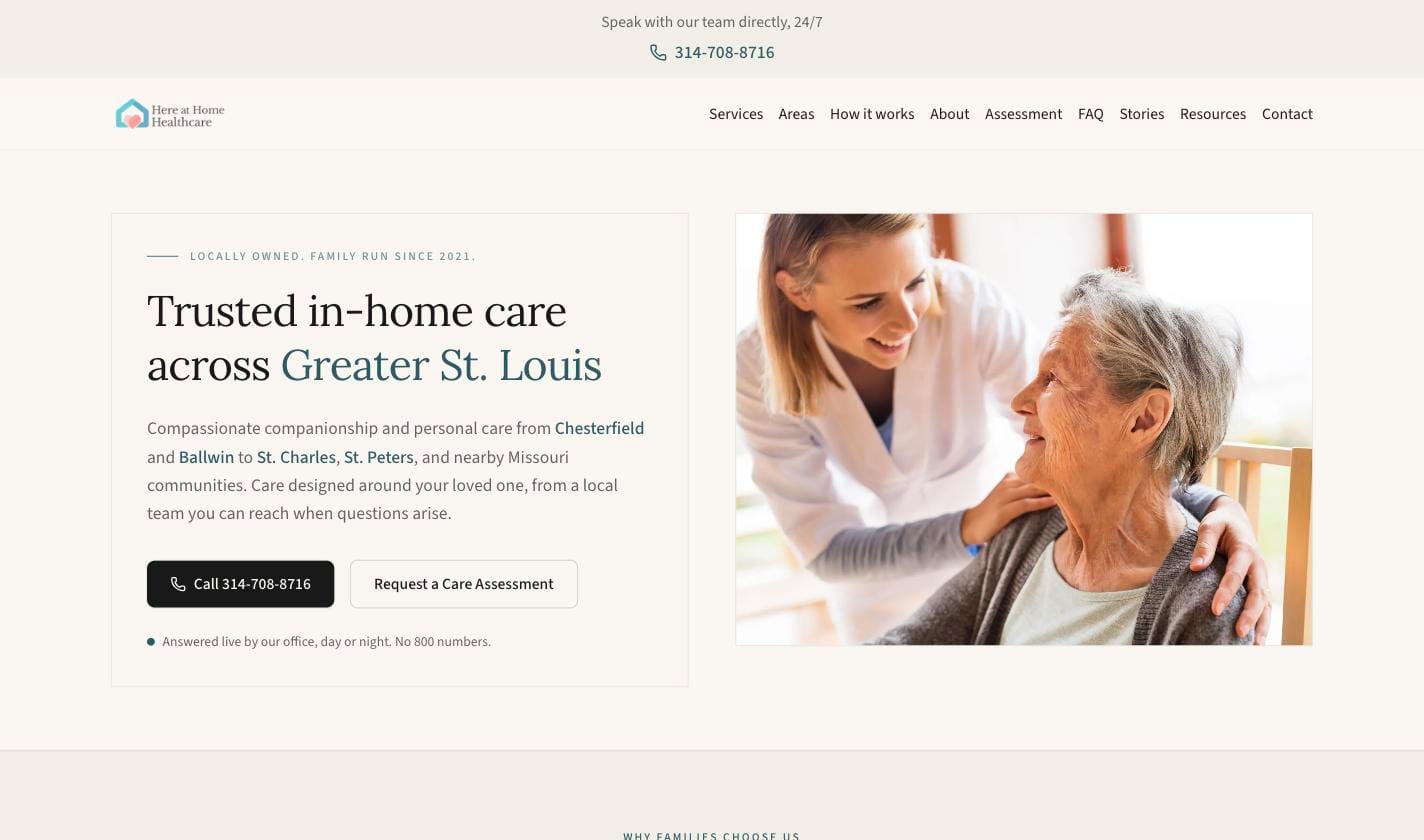 Screenshot of Here at Home Healthcare - Website + local trust rebuild