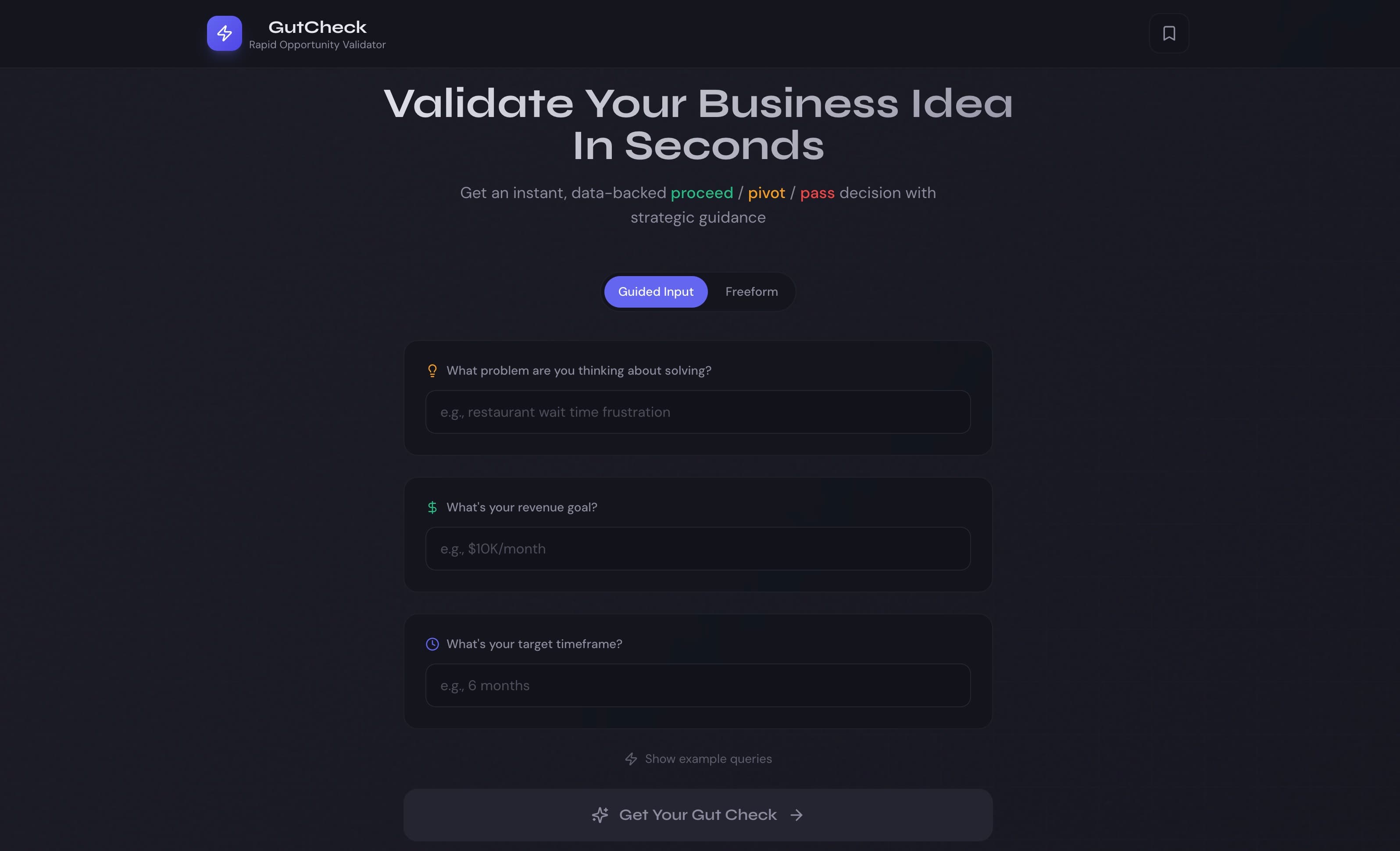 Screenshot of GutCheck - MVP build: idea validator